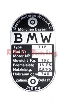 Type plate for BMW R12 1-carburetor to bike number Nr. 7316
